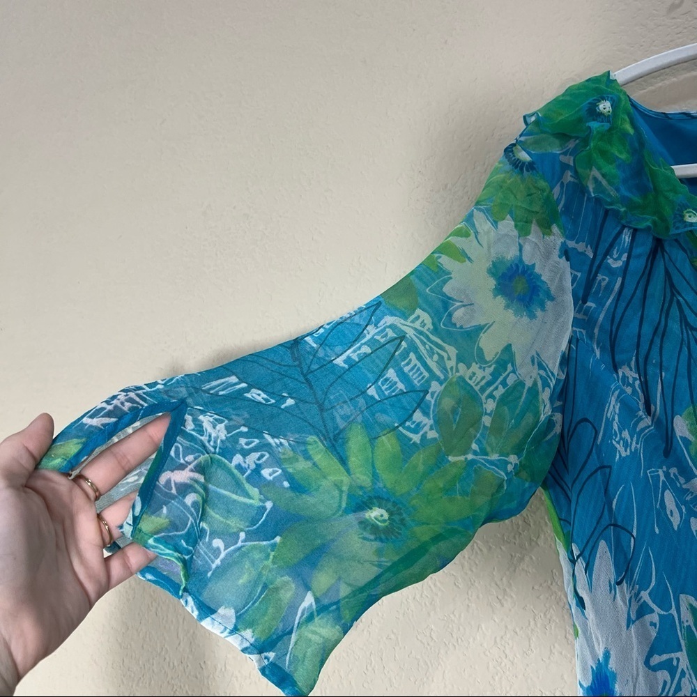 NEW YORK CITY DESIGN CO VTG SZ XL 100% SILk TOP PULLOVER MULTI BLUE RUFFLE BOHO - Picture 2 of 9